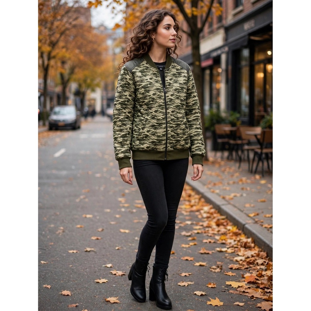 Truth Substance Camo Quilted Bomber Jacket Womens M Olive Green Zip Utility